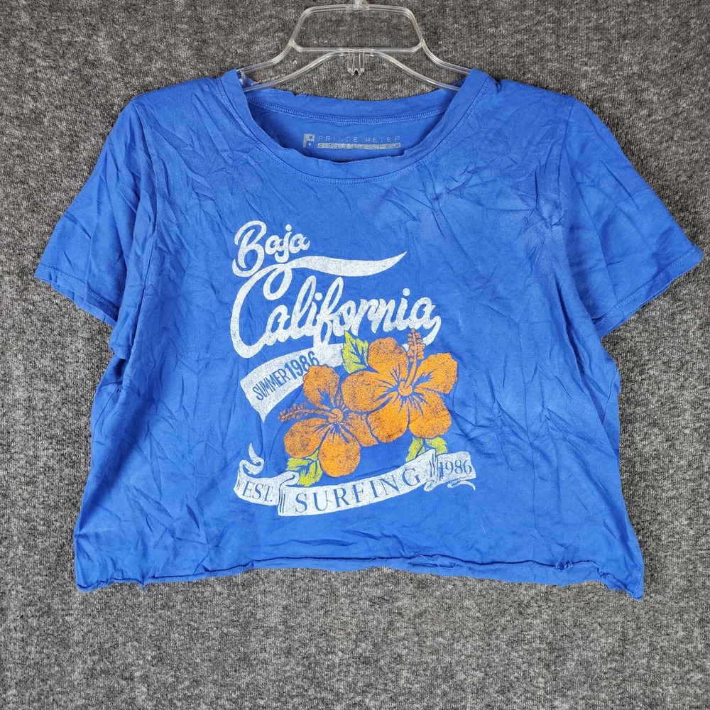 Prince Peter Graphic Tee Womens Large Blue Baja California Surfing Raw Hem GOOD